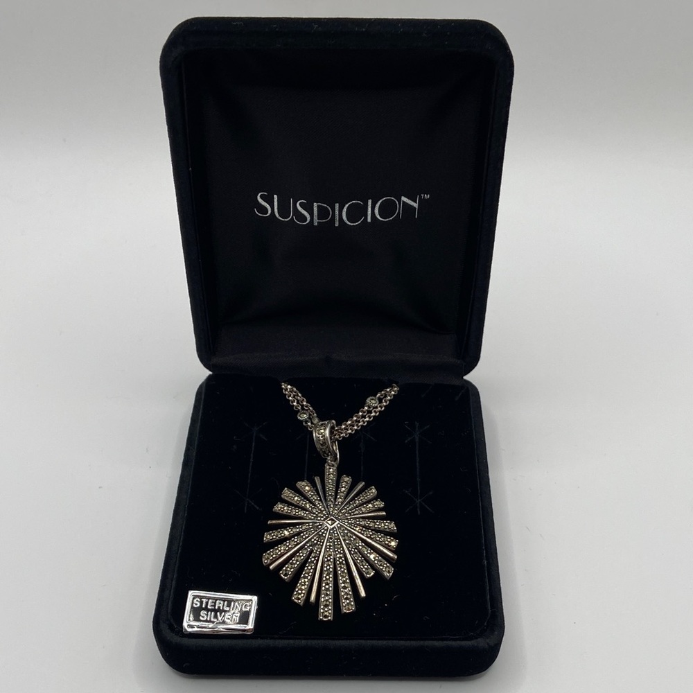 Vintage Suspicion Marcasite Sterling Silver 925 Sunburst Pendant Necklace 18”L - Picture 3 of 10